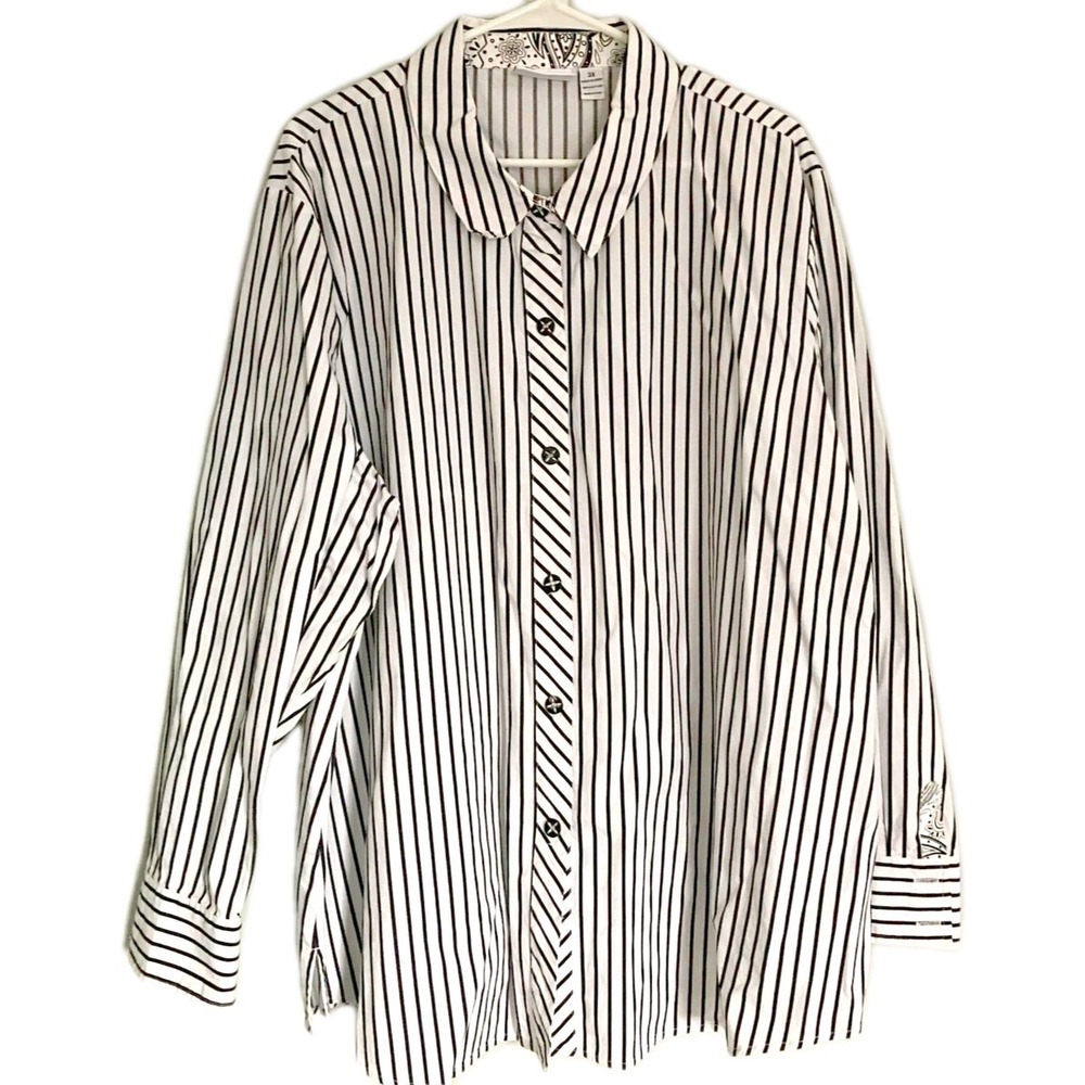 Cali And York Shirt Women 3X White Black Stripe Button Front Long Sleeve Top EUC